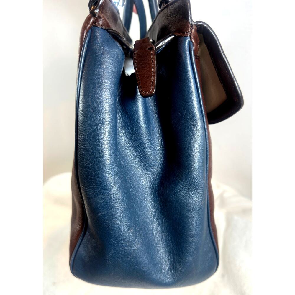 Coach Navy Blue & Brown Leather Two-Way Satchel | Silver Hardware | Dust Bag - Picture 4 of 16